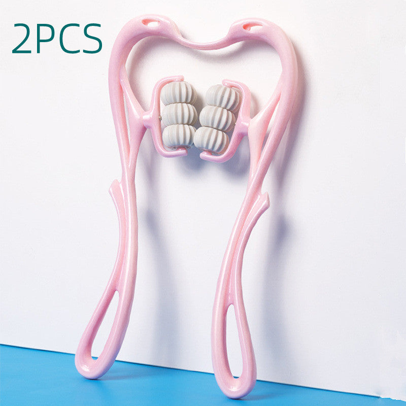 Pink facial roller with textured surface on a white background