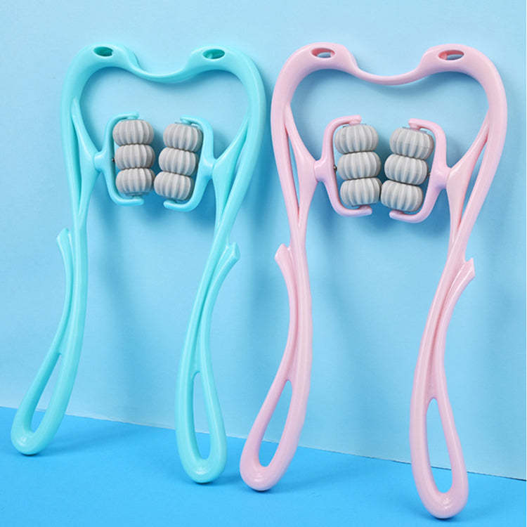 Two handheld massage tools, one blue and one pink, on a light blue background.