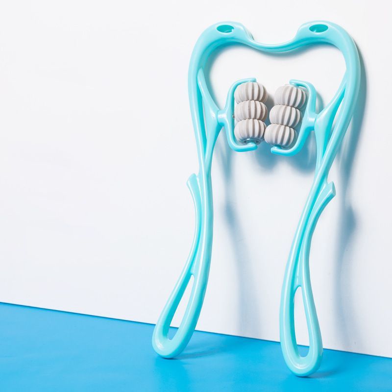 Turquoise facial roller with white beads on a white background