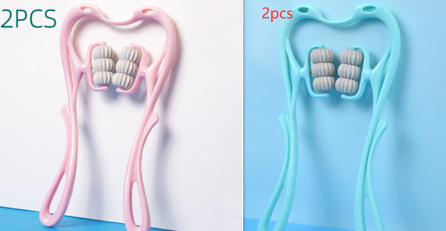 Two dental flossers, one pink and one blue, on a white and light blue background.