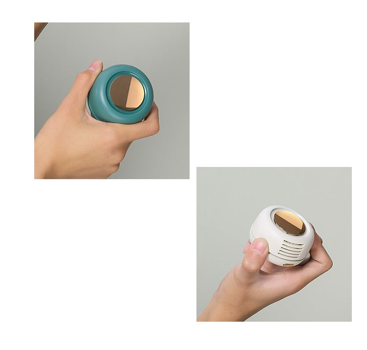 Two hands holding a teal and a white cylindrical object against a neutral background