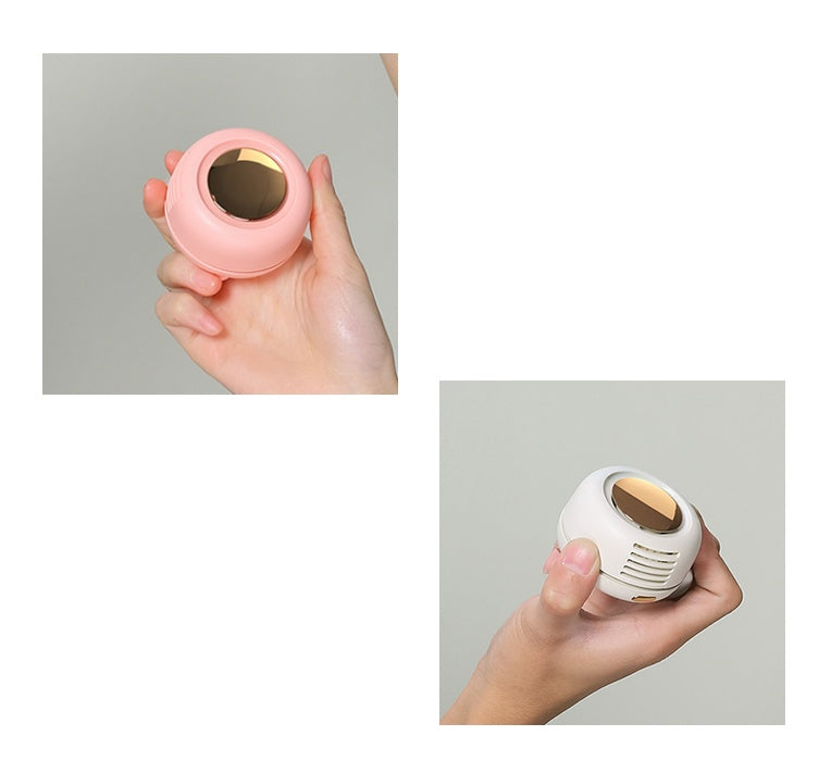 Two images of a pink and white handheld device held in hands against a neutral background.