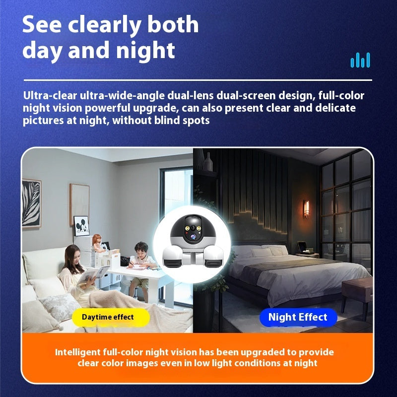 Advertisement for a camera with day and night effect features, showing indoor scenes.
