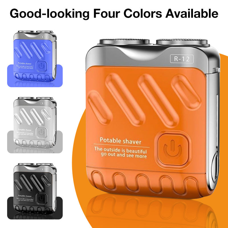 Portable shaver with four color options displayed on a white background.