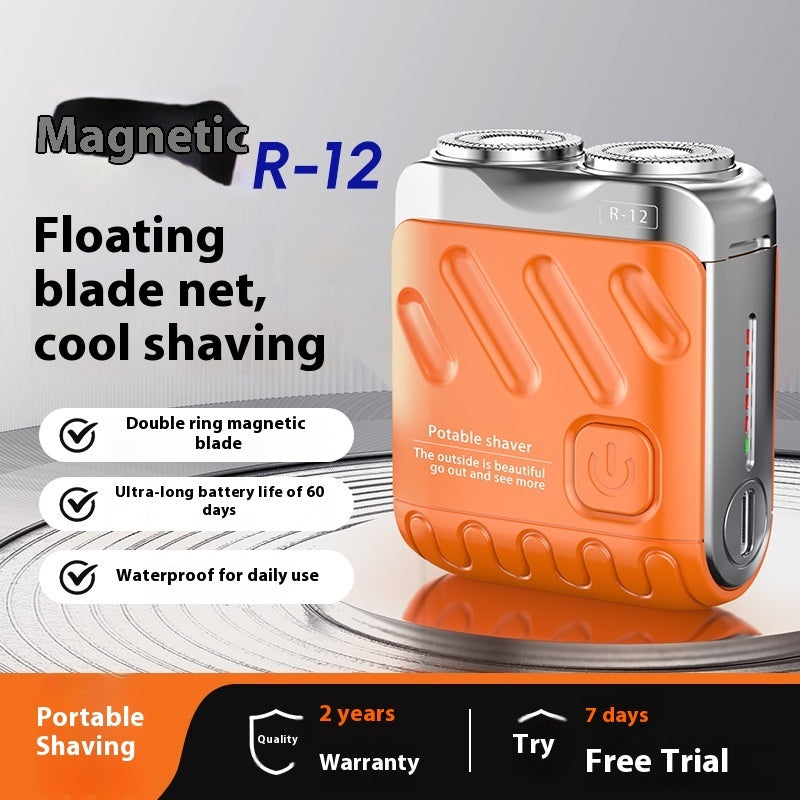 Orange and silver portable shaver with text highlighting features on a gray background