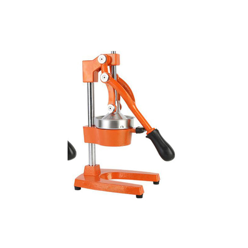 Orange manual press juicer on a white background