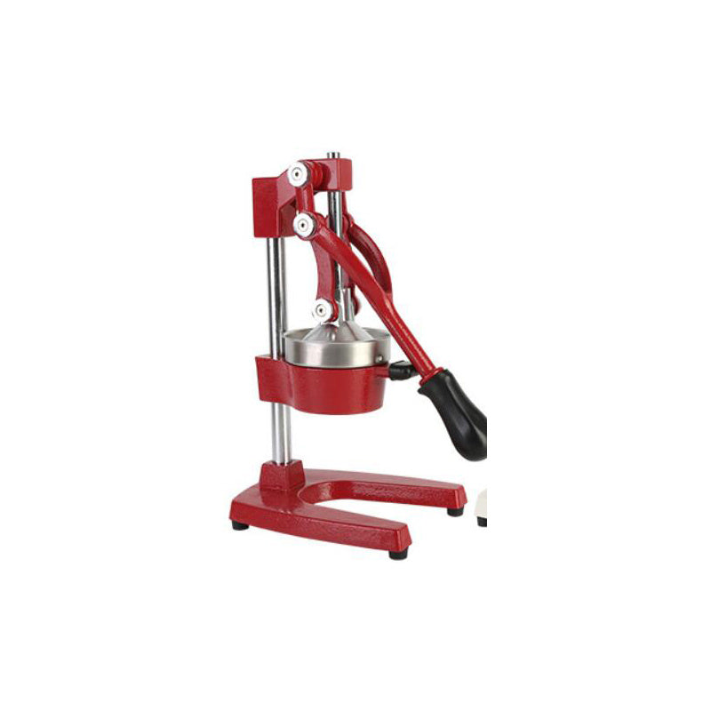 Red manual press juicer on a white background