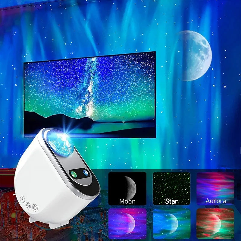 A star projector lamp projecting images of the moon, stars, and aurora onto a wall, with insets showing the different projections available: a crescent moon, green stars, and colorful aurora patterns.