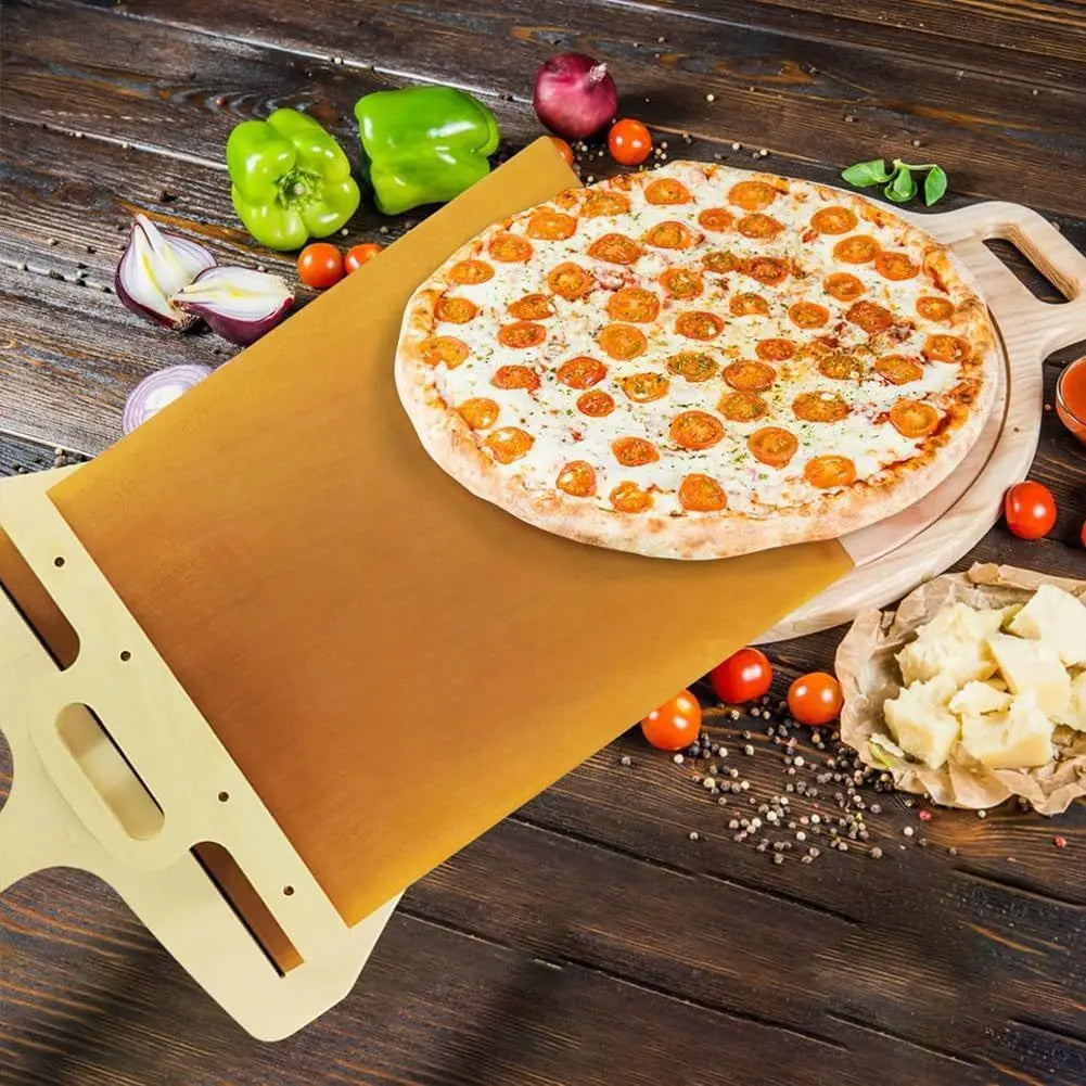 Pizza on a wooden board with various ingredients on a rustic wooden table