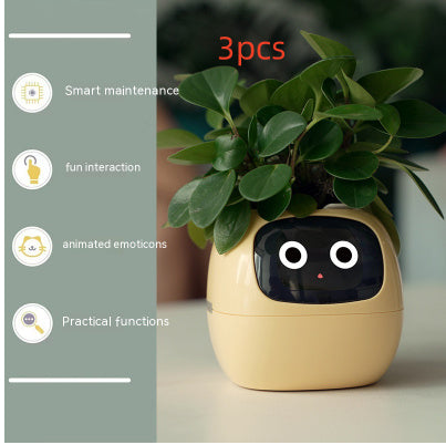 Smart plant pot with face design on a table, featuring text and icons on the left.