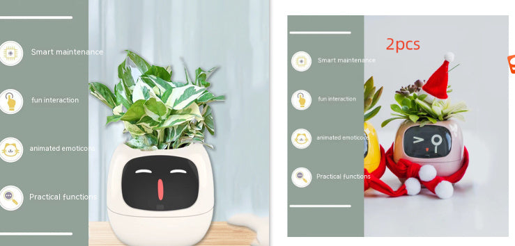 Smart plant pot with face design and app interface on a light gray background