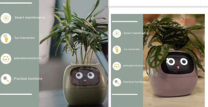 Smart plant pot with a face on a table, showing different angles and features.