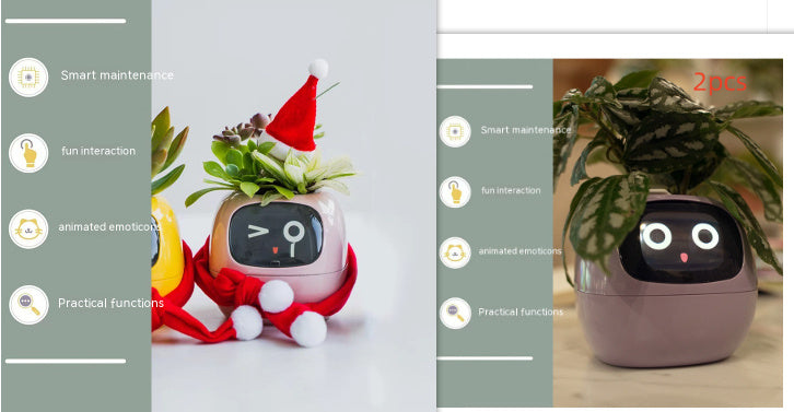 Two plant-shaped robots with face displays and features on a gray background