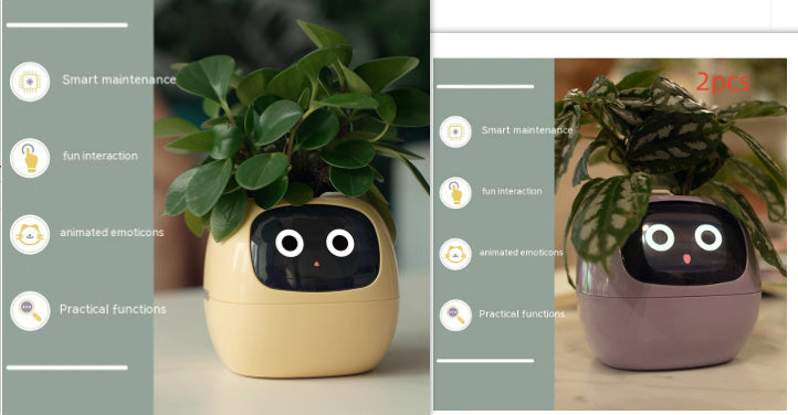Smart plant pot with face and interface buttons on a neutral background