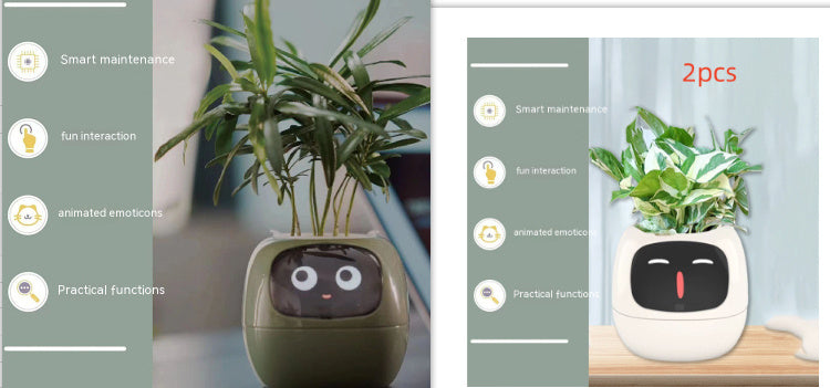 Smart plant pot with face design on a table, featuring text and icons.