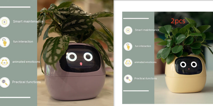 Smart plant pot with face design on a table, showing app interface on the left.
