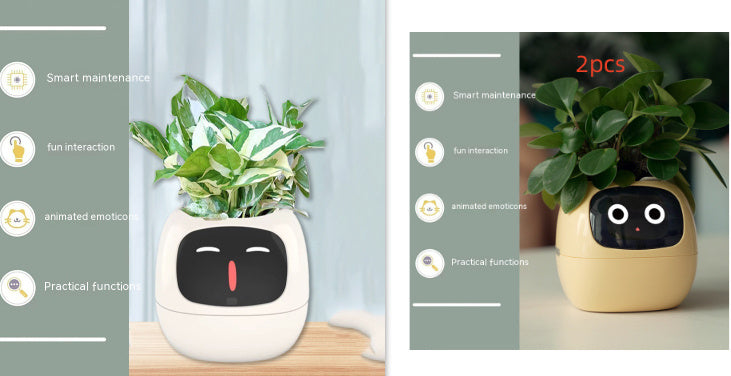 Smart plant pot with face design on a wooden surface, featuring digital interface and plant growth indicators.
