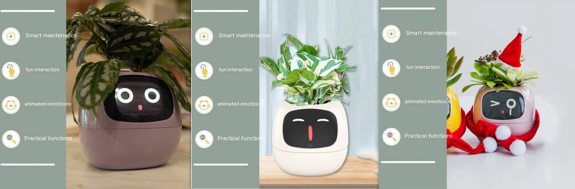 Smart plant pot with face design on a wooden surface, surrounded by other decorative items.