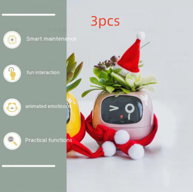 Decorative robot with animated emoticons on a white background, featuring smart maintenance, fun interaction, animated emoticons, and practical functions.