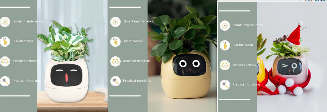 Smart plant pot with face design on a light gray background
