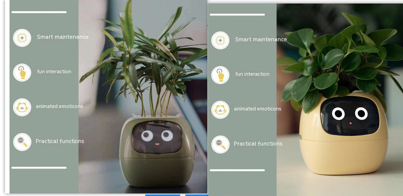 Two smart plant pots with robotic faces on a blurred background