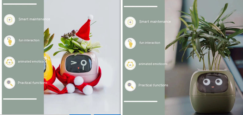 Smart plant with animated features and festive decorations on a smartphone screen.