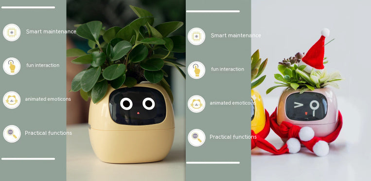 Smart plant pot with face and animated features, shown in different settings.