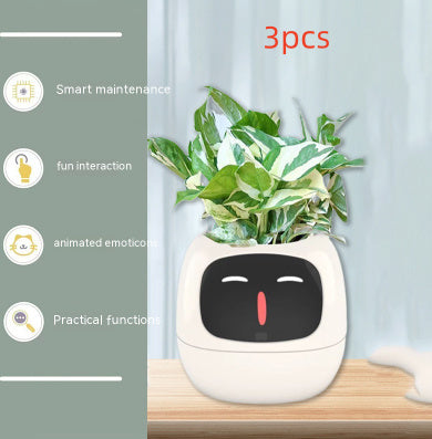 Smart plant pot with face design on a wooden surface, featuring animated emoticons and smart maintenance functions.