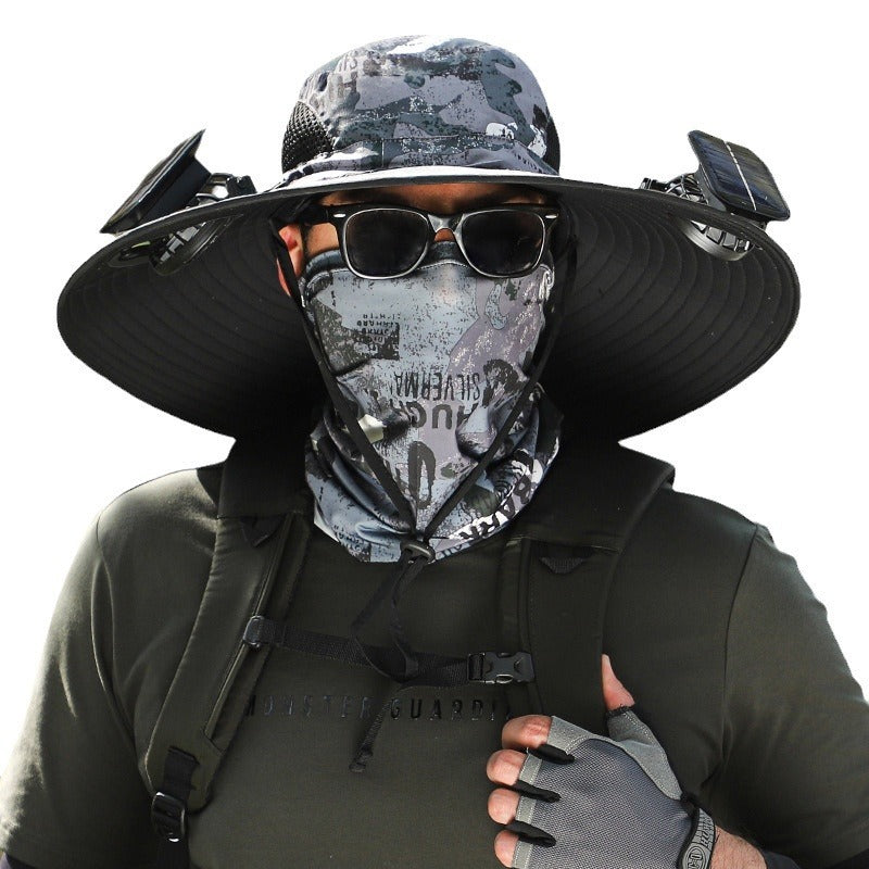 Person wearing a wide-brimmed black hat, sunglasses, and a patterned face mask on a white background