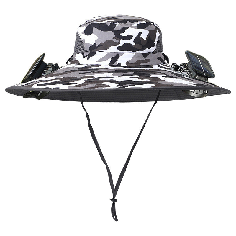 Camouflage bucket hat with solar panels on a white background