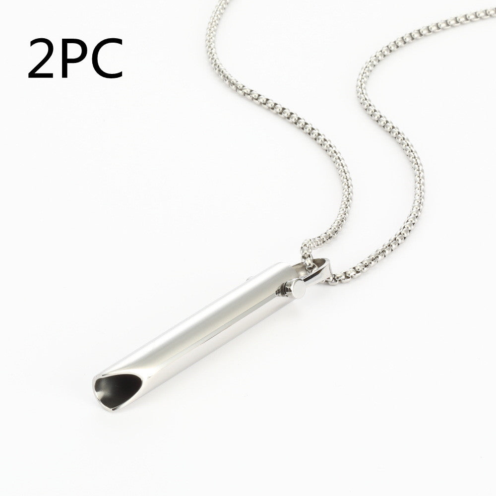 Silver necklace with two cylindrical pendants on a white background