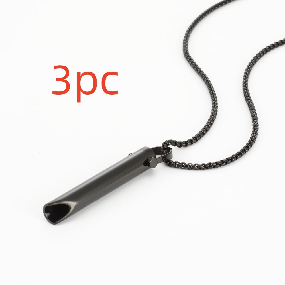 Black metal whistle on a chain with '3pc' text above on a white background