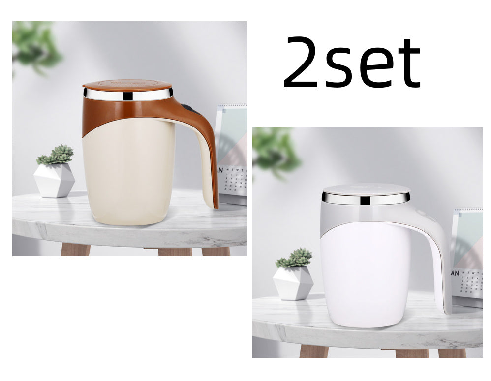 Two different designs of a ceramic mug on a white surface with '2 set' text above.