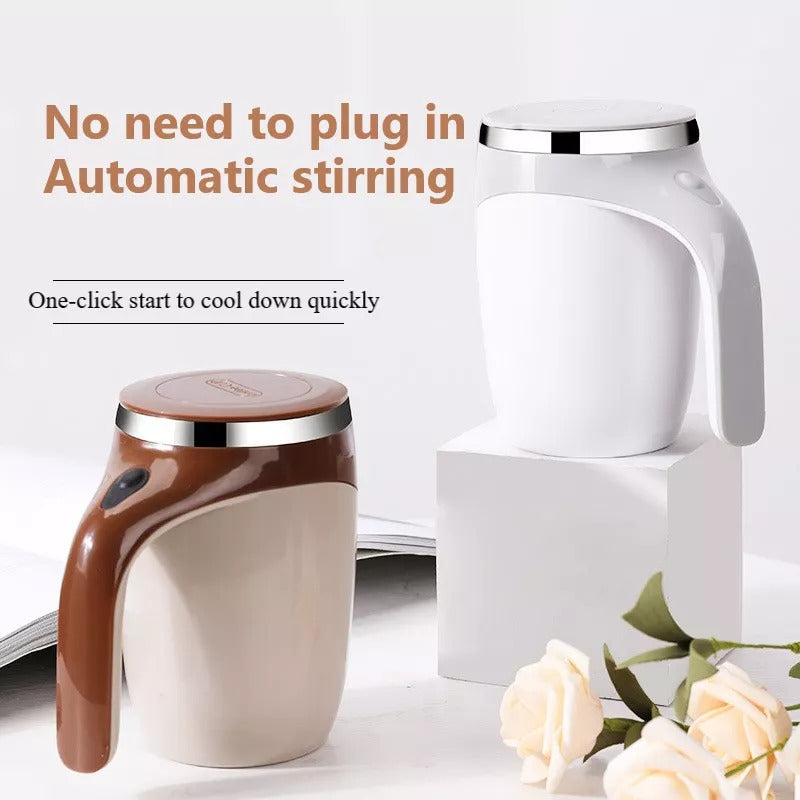 Two mugs with automatic stirring feature on a white background