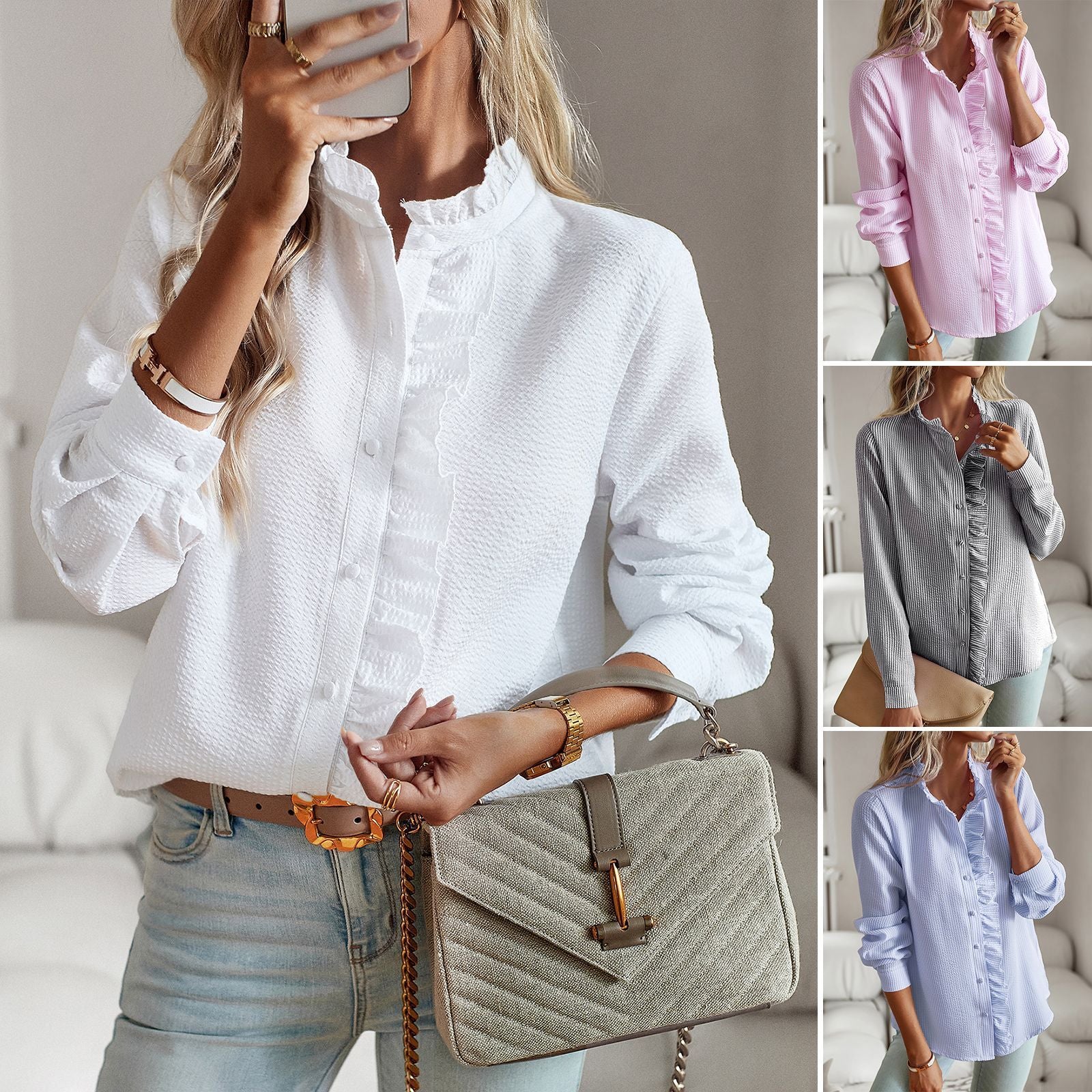 Woman wearing a white button-up shirt with a beige handbag, surrounded by smaller images of the same outfit.