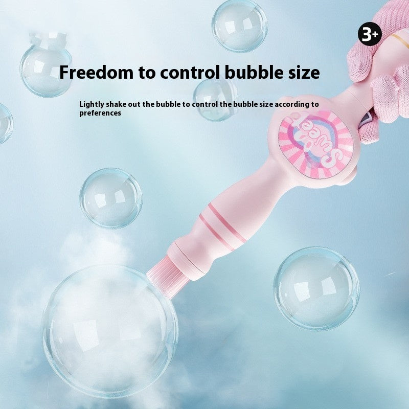 Pink bubble wand with text on a light blue background