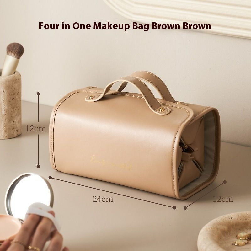 Brown makeup bag with dimensions on a neutral background