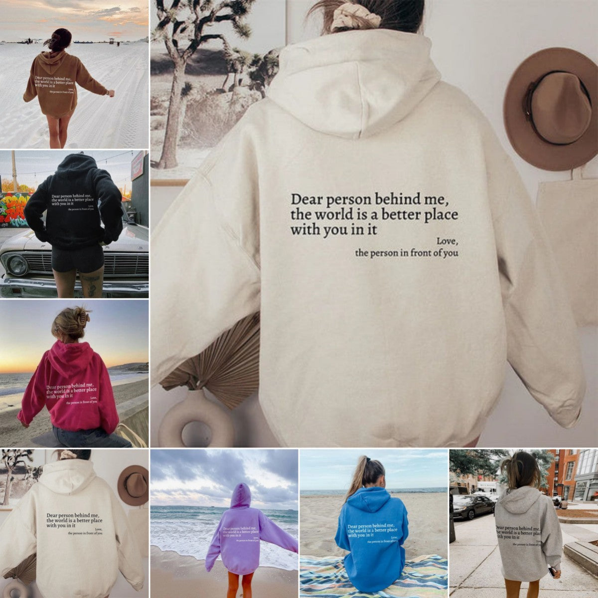 Collage of people wearing hoodies with inspirational messages on the back, set against various backdrops.