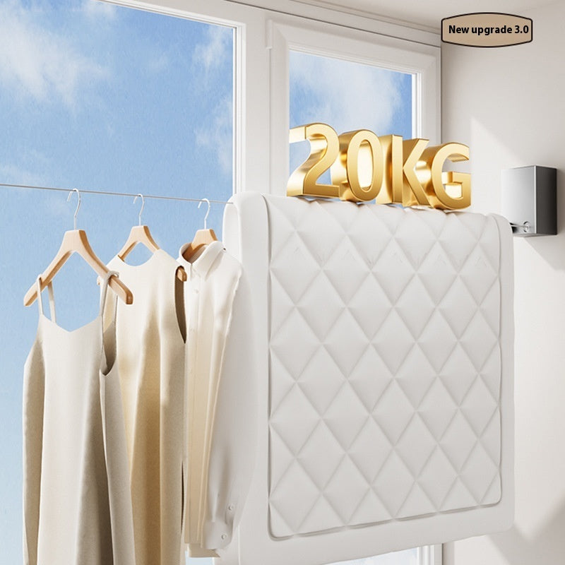 White radiator with '20KG' sign next to hanging clothes against a window backdrop