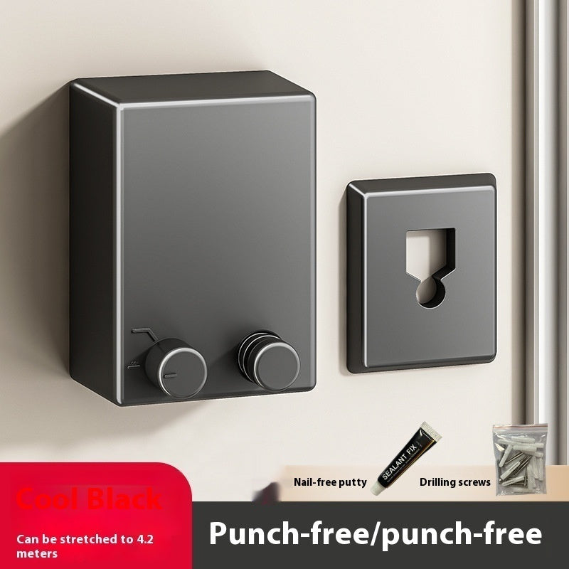 Black wall-mounted lock system with accessories on a neutral background