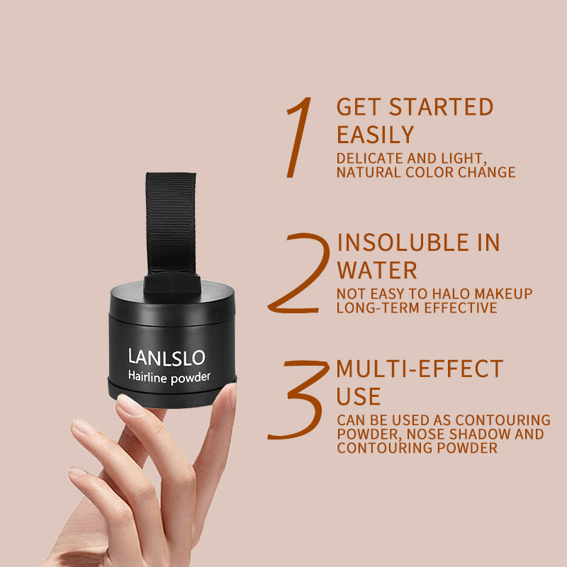 LANLSLO hairline powder with features listed on a beige background