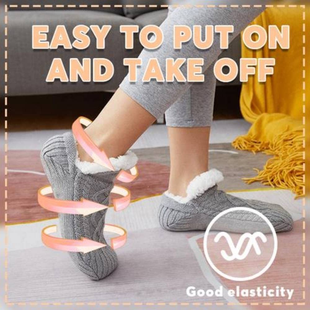 Gray slippers with elastic bands being worn, text 'Easy to put on and take off' and 'Good elasticity' displayed.