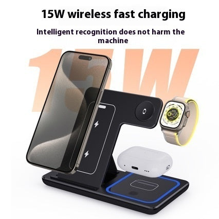 Wireless charging station with smartphone, smartwatch, and wireless earbuds on a white background.