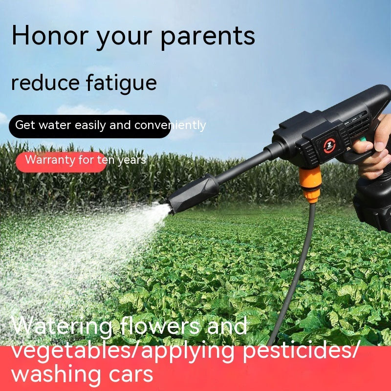 Person using a pressure washer to water plants with text about product features and uses.