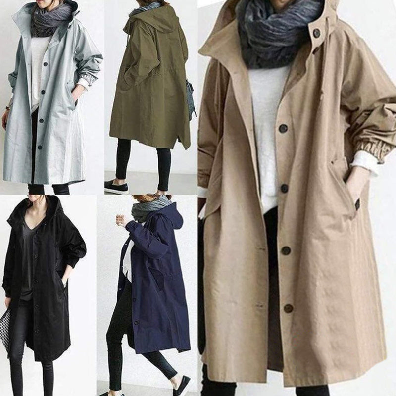 Collage of people wearing long coats in various colors on a white background