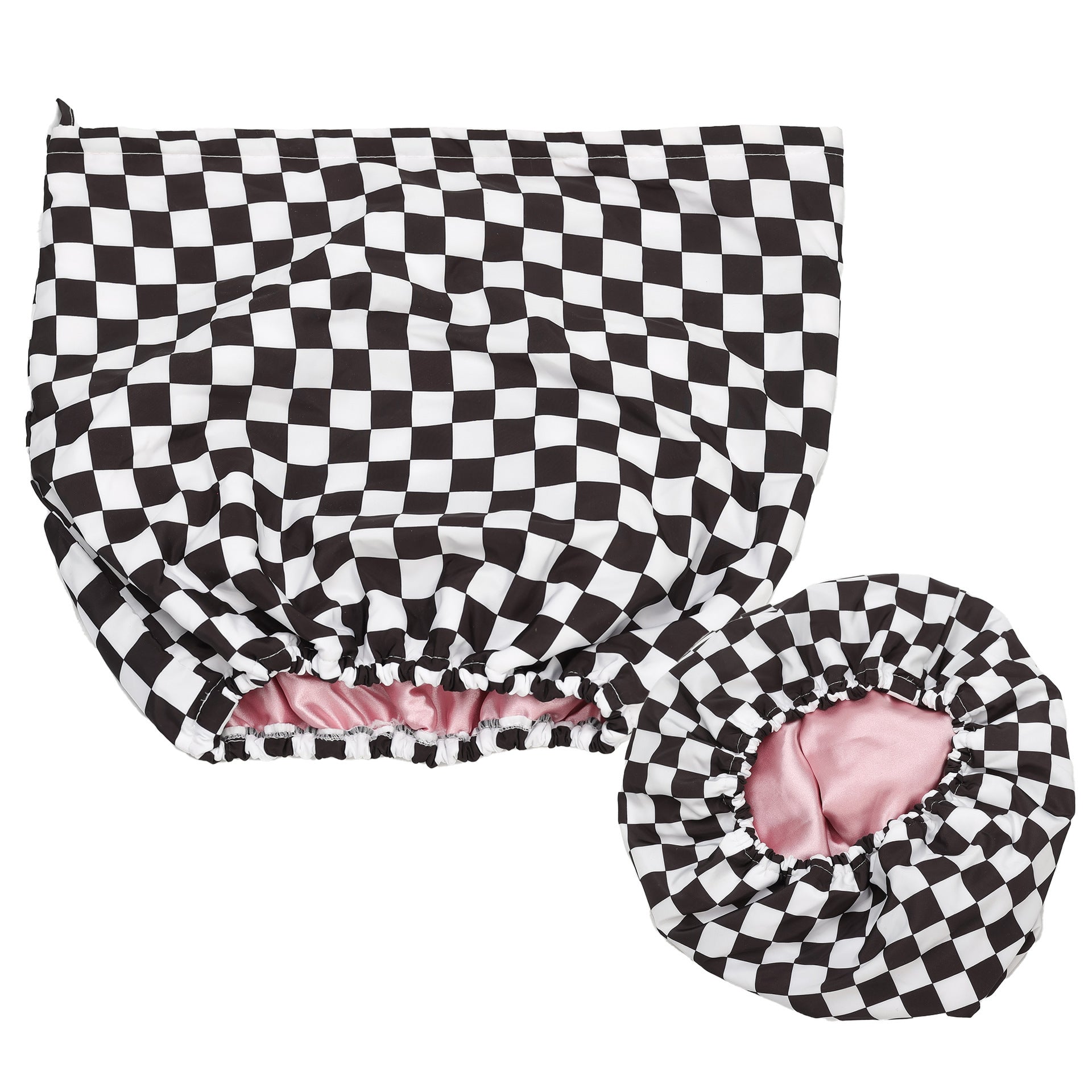 Black and white checkered shower cap with pink interior on a white background