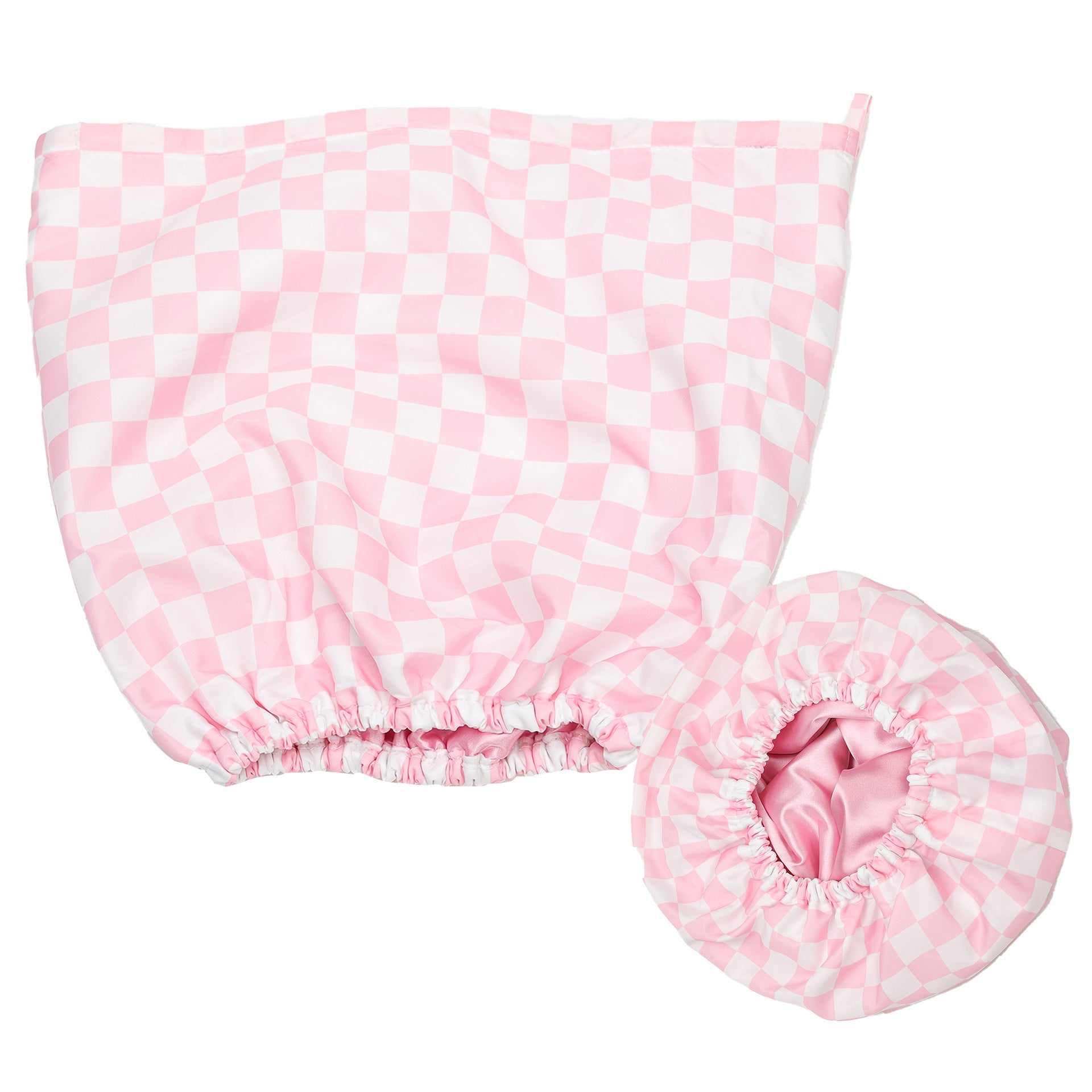 Pink and white checkered shower cap on a white background