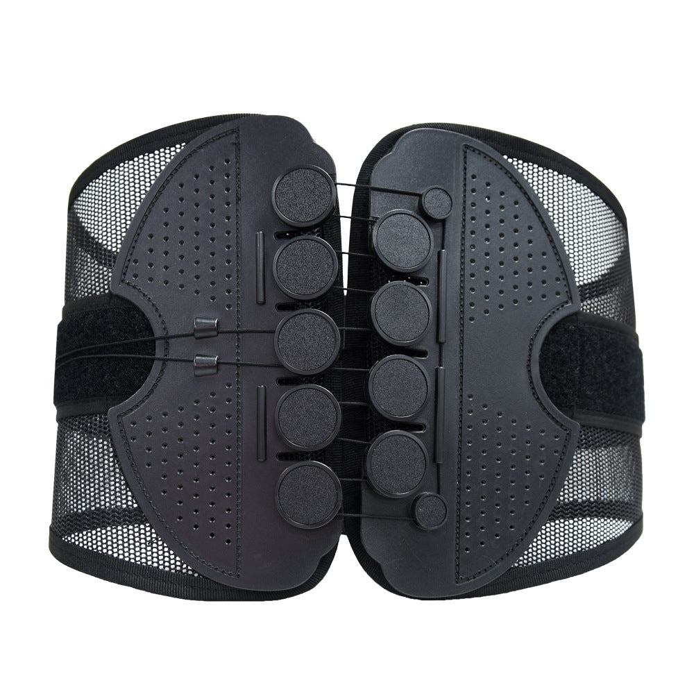 Black back support brace with mesh design on a white background