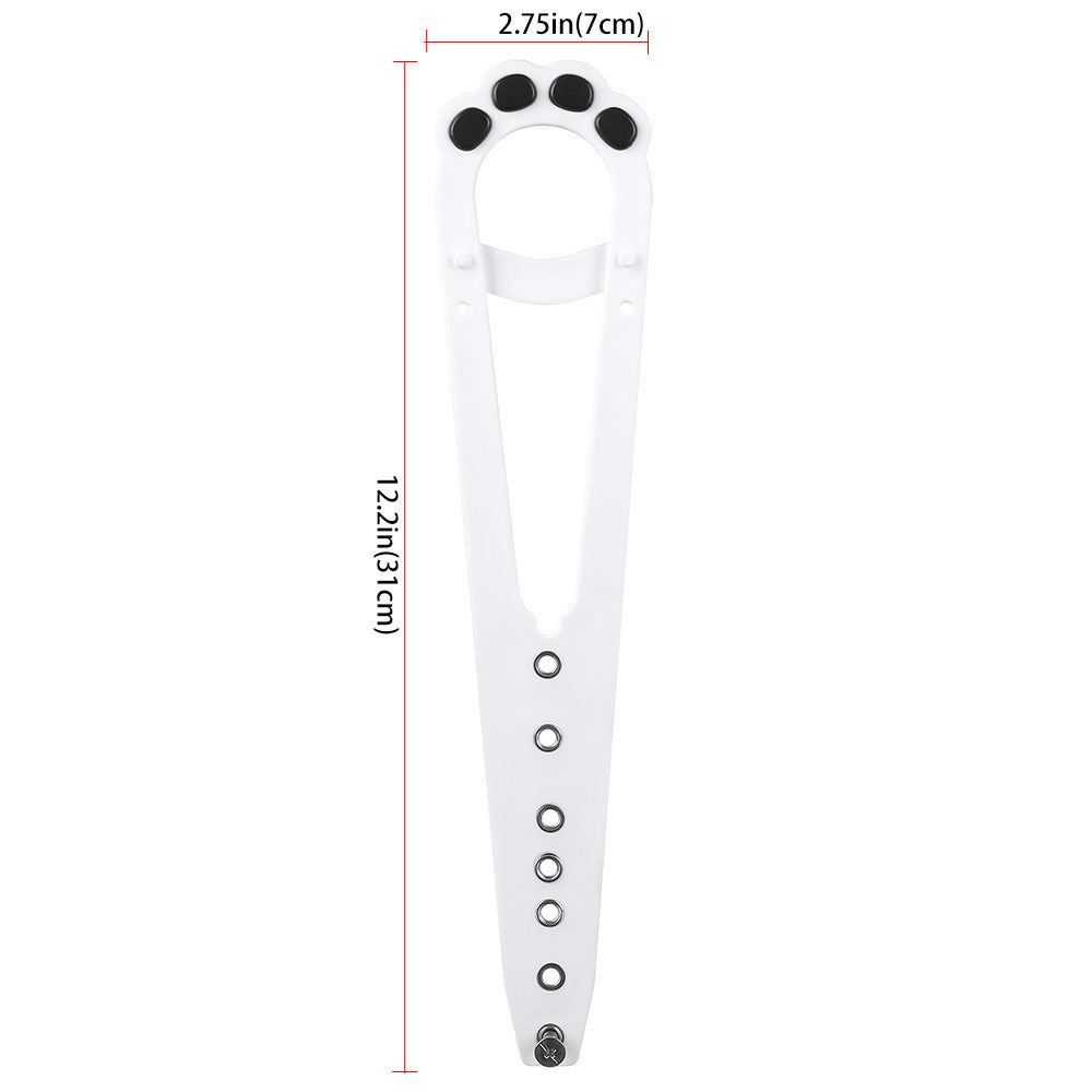 A pet cat door holder latch with a keyhole, shown in black with purple details, installed on a white door, with a cat looking at a dog through the door.