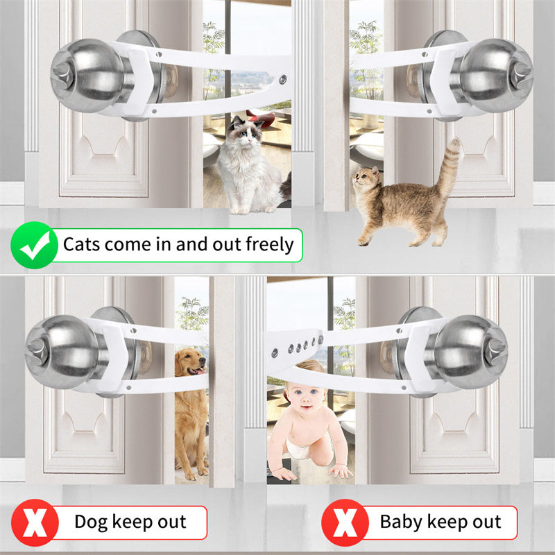 Pet gate with adjustable height shown with cats, dogs, and a baby on either side.